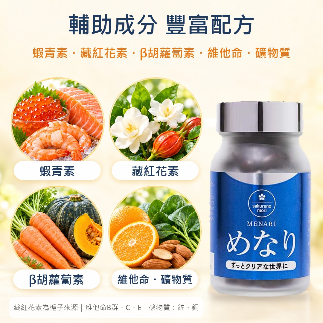 輔助成分 蝦青素 藏紅花素 β胡蘿蔔素 維他命 礦物質